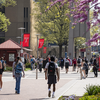 Spring view of bell tower with students